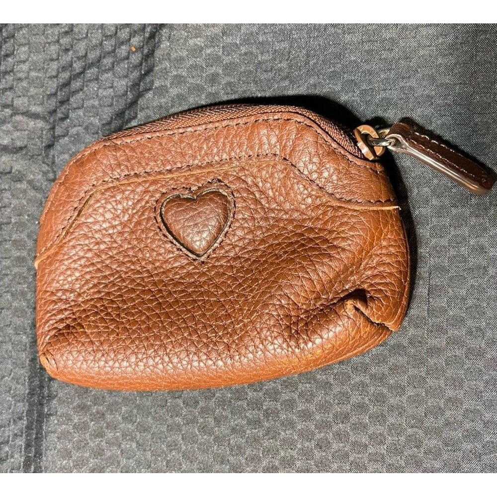 Brighton Brown Pebbled Leather Embossed  Heart Coin Purse w/Leopard Print Inside